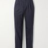 Firenze Tapered Pleated Leather-Trimmed Grain de Poudre Wool Trousers Firenze Tapered Pleated Leather-Trimmed Grain de Poudre Wool Trousers
