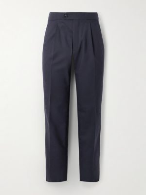 Firenze Tapered Pleated Leather-Trimmed Grain de Poudre Wool Trousers