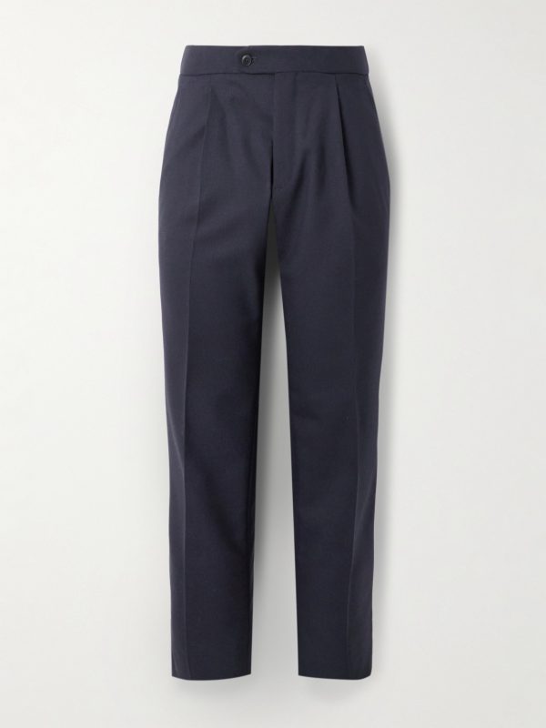 Firenze Tapered Pleated Leather-Trimmed Grain de Poudre Wool Trousers Firenze Tapered Pleated Leather-Trimmed Grain de Poudre Wool Trousers