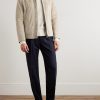 Firenze Tapered Pleated Leather-Trimmed Grain de Poudre Wool Trousers - OU Firenze Tapered Pleated Leather-Trimmed Grain de Poudre Wool Trousers - OU