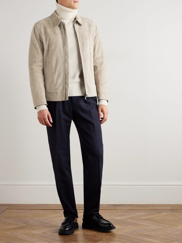 Firenze Tapered Pleated Leather-Trimmed Grain de Poudre Wool Trousers - OU Firenze Tapered Pleated Leather-Trimmed Grain de Poudre Wool Trousers - OU