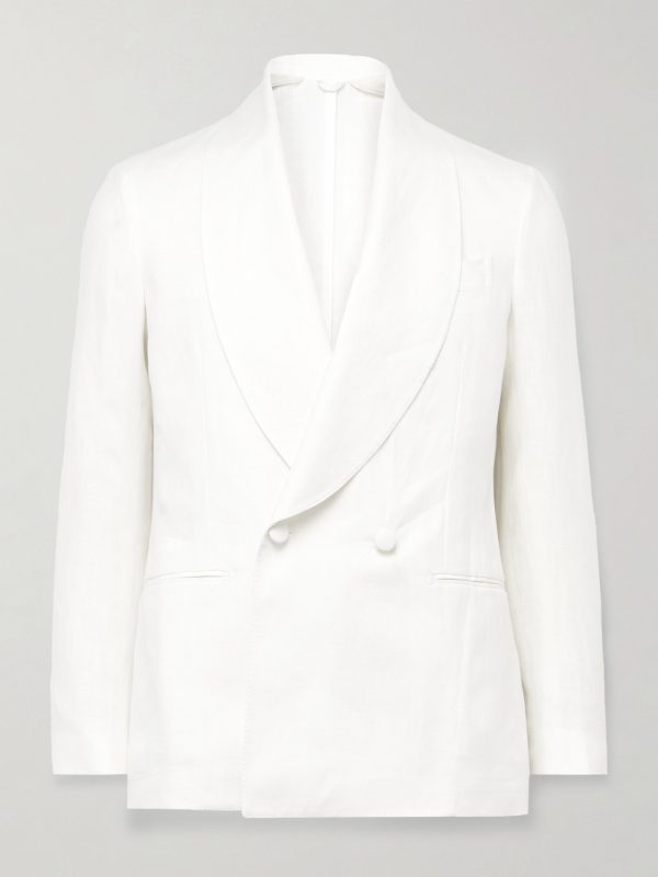 Cantone Shawl-Collar Double-Breasted Linen Tuxedo Jacket Cantone Shawl-Collar Double-Breasted Linen Tuxedo Jacket