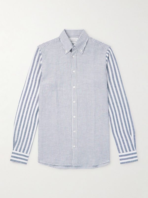 Slim-Fit Button-Down Collar Striped Linen and Cotton-Blend Shirt Slim-Fit Button-Down Collar Striped Linen and Cotton-Blend Shirt