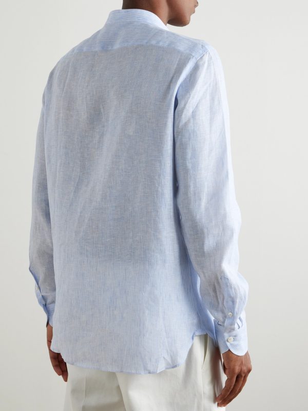 Grandad-Collar Striped Linen Shirt - BK