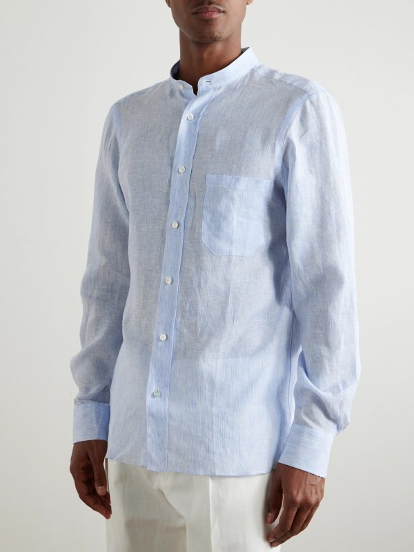 Grandad-Collar Striped Linen Shirt - FR