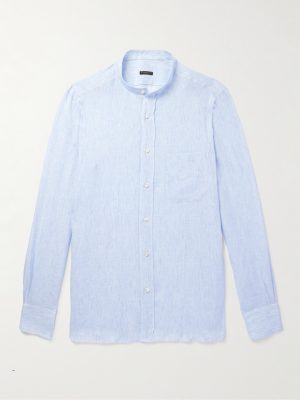 Grandad-Collar Striped Linen Shirt