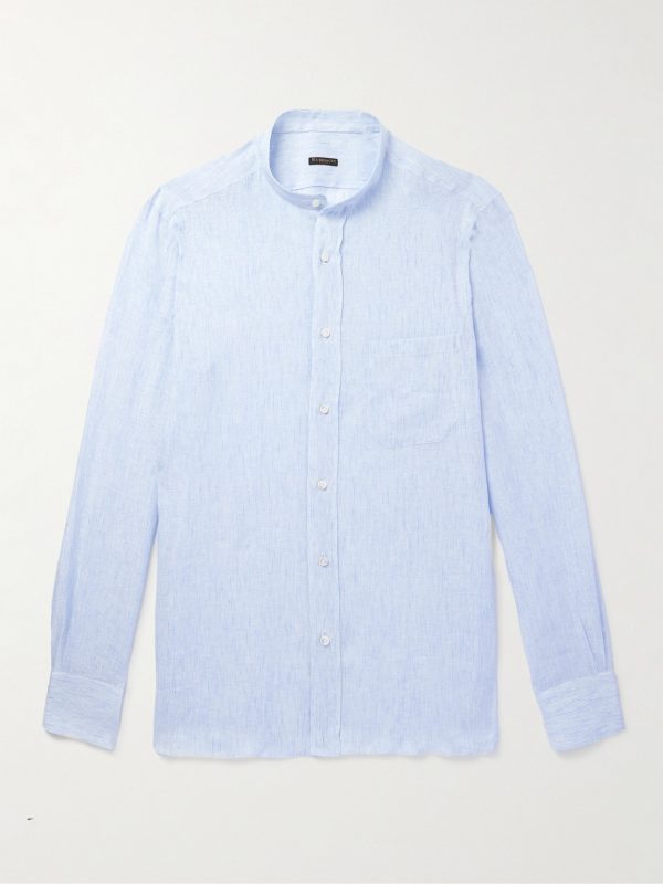 Grandad-Collar Striped Linen Shirt