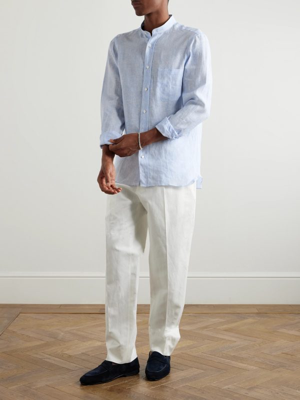 Grandad-Collar Striped Linen Shirt - OU