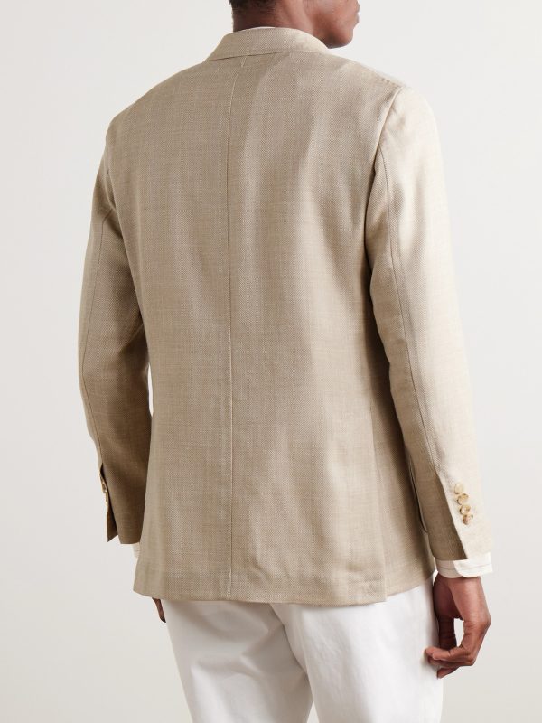 Unstructured Double-Breasted Herringbone Virgin Wool, Silk and Linen-Blend Blazer - BK Unstructured Double-Breasted Herringbone Virgin Wool, Silk and Linen-Blend Blazer - BK