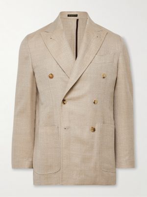 Unstructured Double-Breasted Herringbone Virgin Wool, Silk and Linen-Blend Blazer Unstructured Double-Breasted Herringbone Virgin Wool, Silk and Linen-Blend Blazer