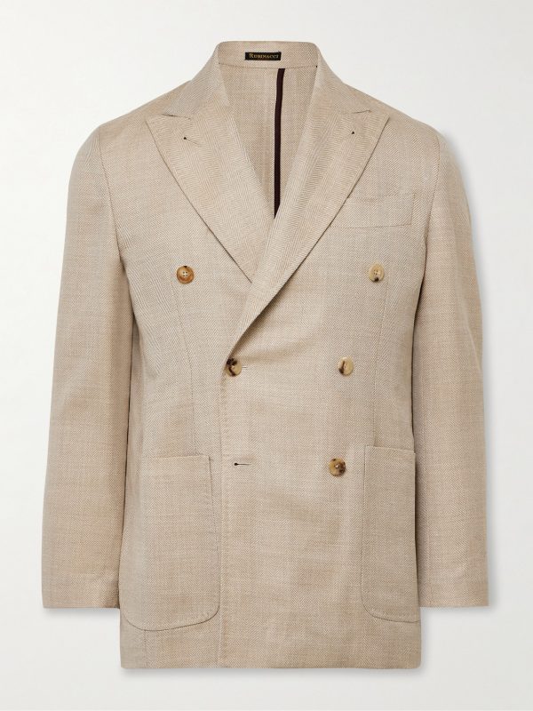 Unstructured Double-Breasted Herringbone Virgin Wool, Silk and Linen-Blend Blazer Unstructured Double-Breasted Herringbone Virgin Wool, Silk and Linen-Blend Blazer