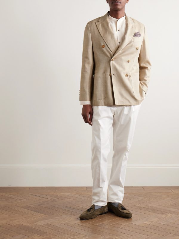 Unstructured Double-Breasted Herringbone Virgin Wool, Silk and Linen-Blend Blazer - OU Unstructured Double-Breasted Herringbone Virgin Wool, Silk and Linen-Blend Blazer - OU