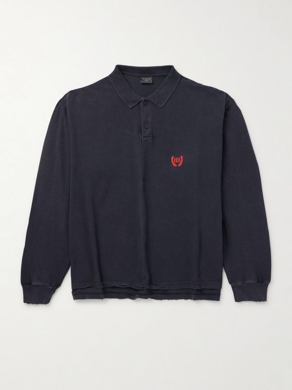 Laurel Embroidered Distressed Cotton-Piqué Polo Shirt Laurel Embroidered Distressed Cotton-Piqué Polo Shirt