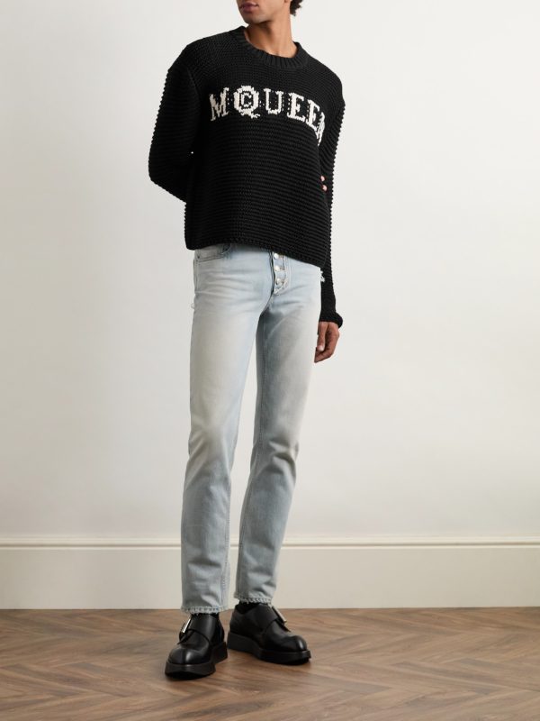 Cropped Ribbed Logo-Jacquard Cotton Sweater - OU Cropped Ribbed Logo-Jacquard Cotton Sweater - OU