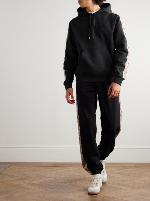 Checked Logo-Embroidered Cotton-Jersey Hoodie - OU Checked Logo-Embroidered Cotton-Jersey Hoodie - OU