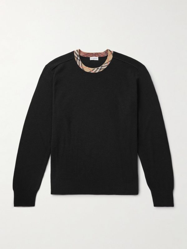 Checked Jacquard-Trimmed Wool Sweater