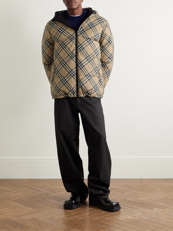 Reversible Checked Quilted Shell Hooded Down Jacket - OU Reversible Checked Quilted Shell Hooded Down Jacket - OU
