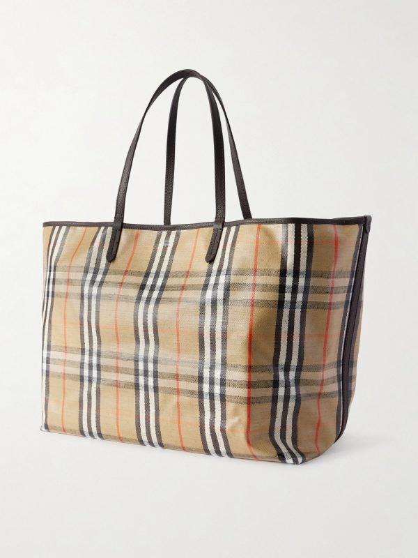 Full-Grain Leather-Trimmed Checked Coated-Canvas Tote Bag - BK Full-Grain Leather-Trimmed Checked Coated-Canvas Tote Bag - BK
