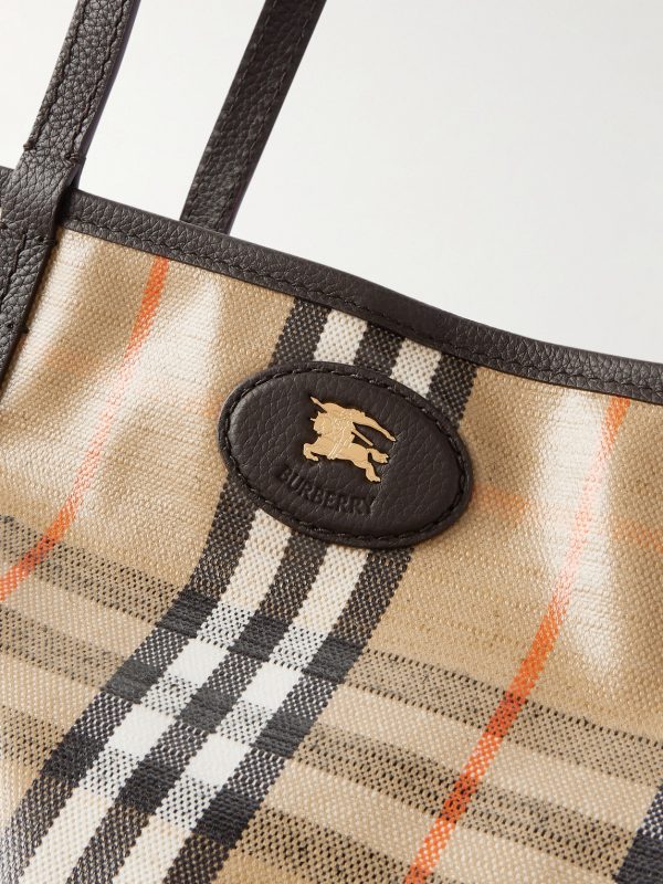 Full-Grain Leather-Trimmed Checked Coated-Canvas Tote Bag - CU Full-Grain Leather-Trimmed Checked Coated-Canvas Tote Bag - CU