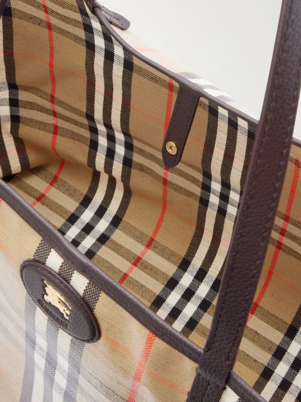 Full-Grain Leather-Trimmed Checked Coated-Canvas Tote Bag - E1 Full-Grain Leather-Trimmed Checked Coated-Canvas Tote Bag - E1