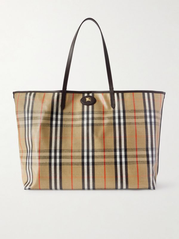 Full-Grain Leather-Trimmed Checked Coated-Canvas Tote Bag Full-Grain Leather-Trimmed Checked Coated-Canvas Tote Bag