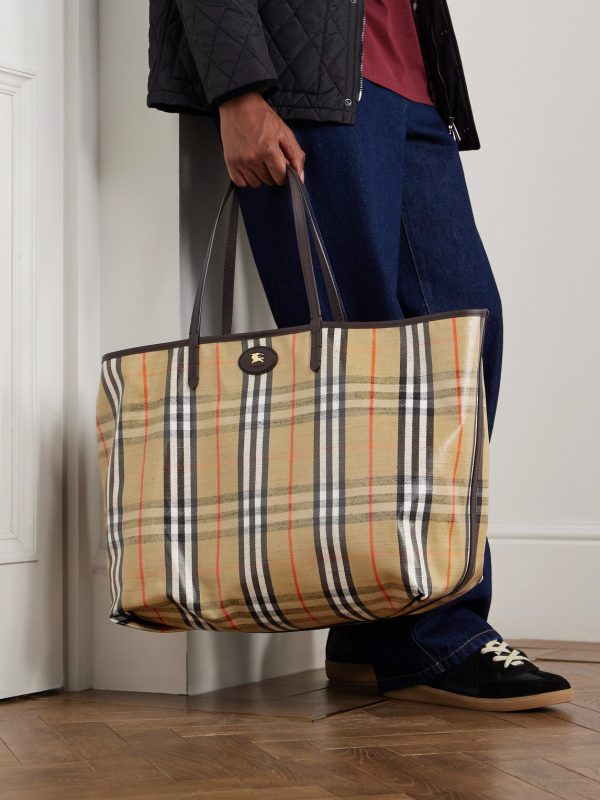 Full-Grain Leather-Trimmed Checked Coated-Canvas Tote Bag - OU Full-Grain Leather-Trimmed Checked Coated-Canvas Tote Bag - OU