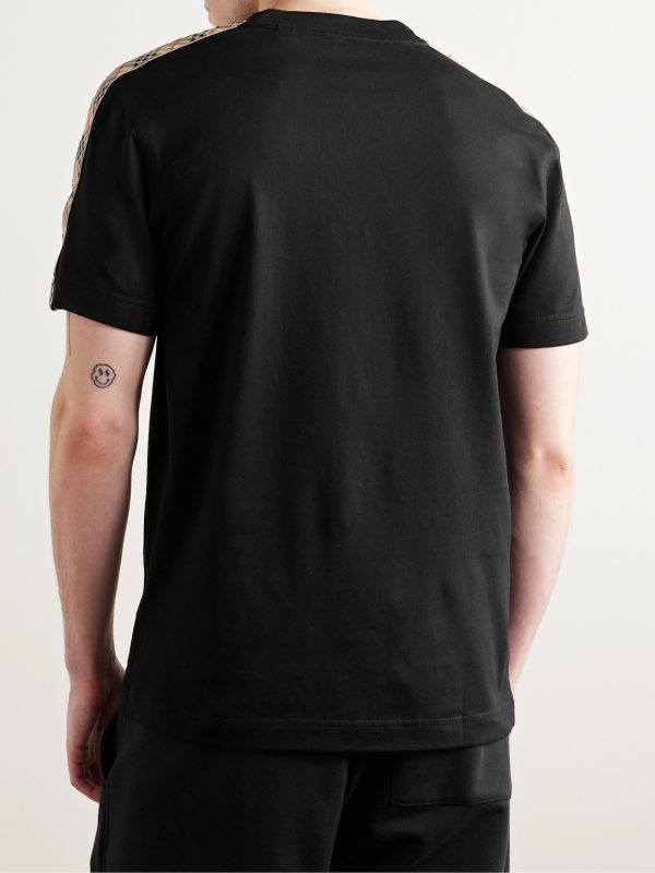 Logo-Embroidered Checked Jacquard-Trimmed Cotton-Jersey T-Shirt - BK