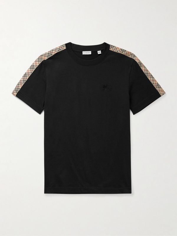 Logo-Embroidered Checked Jacquard-Trimmed Cotton-Jersey T-Shirt