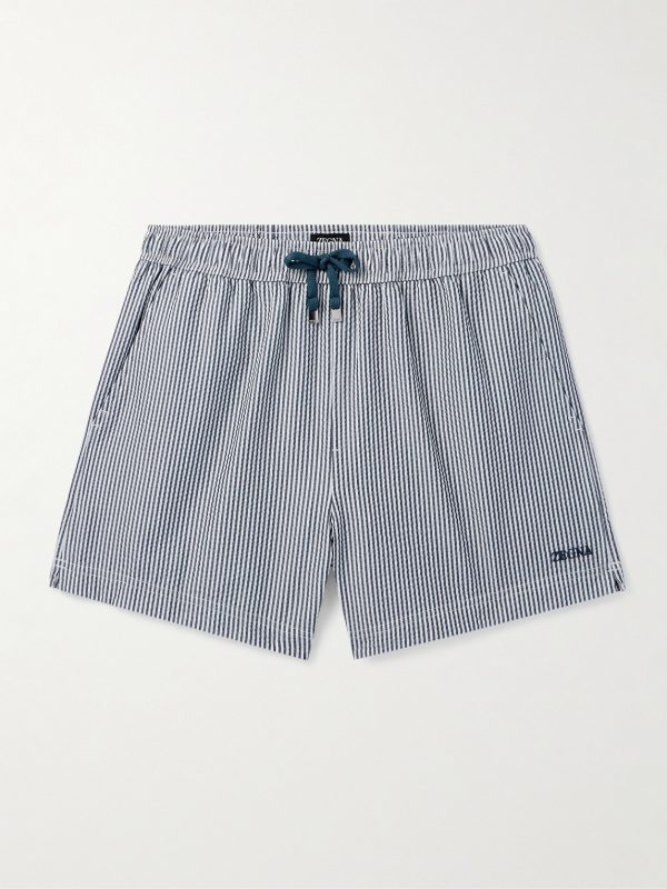 Straight-Leg Mid-Length Striped Seersucker Shorts Straight-Leg Mid-Length Striped Seersucker Shorts