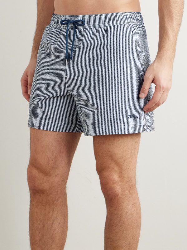 Straight-Leg Mid-Length Striped Seersucker Shorts - OU Straight-Leg Mid-Length Striped Seersucker Shorts - OU