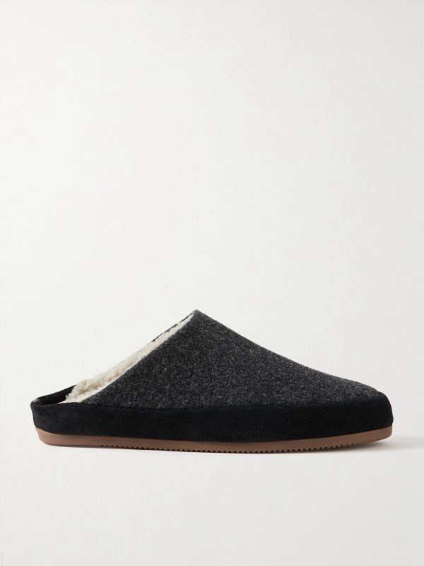 Suede-Trimmed Shearling-Lined Wool Slippers