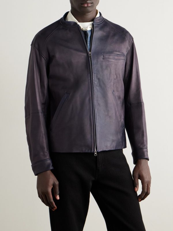 Indigo-Dyed Leather Biker Jacket - FR