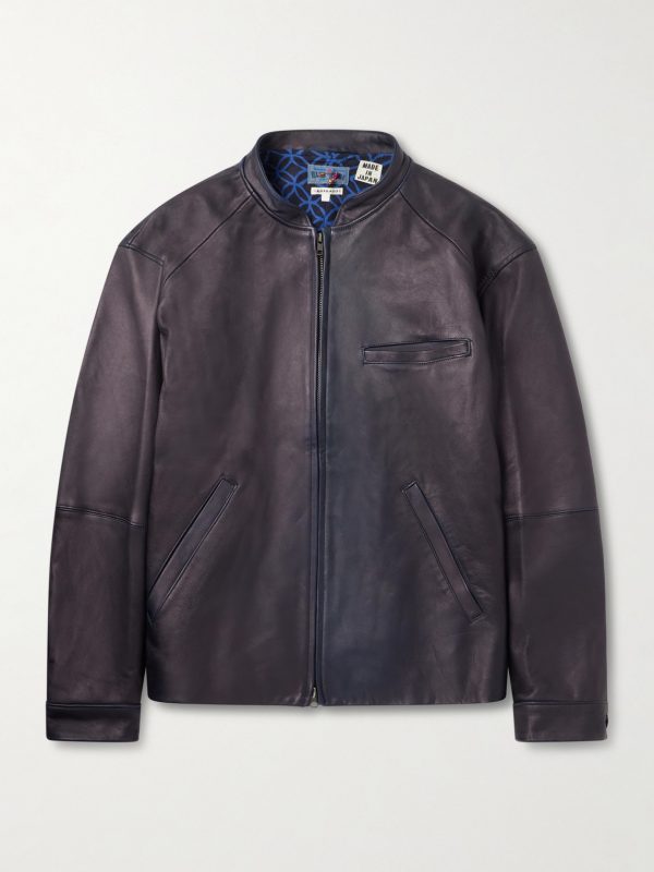 Indigo-Dyed Leather Biker Jacket