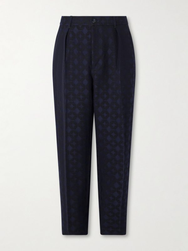 Straight-Leg Pleated Cotton and Wool-Blend Jacquard Suit Trousers