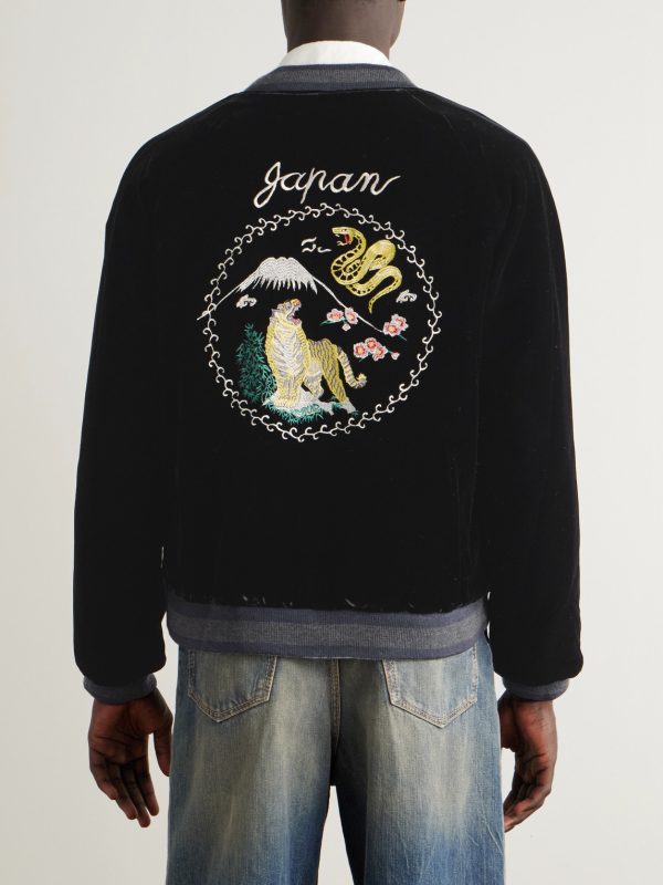 Tora Ni Fuji Reversible Embroidered Velvet and Satin Bomber Jacket - BK Tora Ni Fuji Reversible Embroidered Velvet and Satin Bomber Jacket - BK