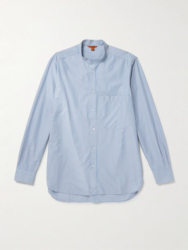 Grandad-Collar Striped Cotton-Poplin Shirt
