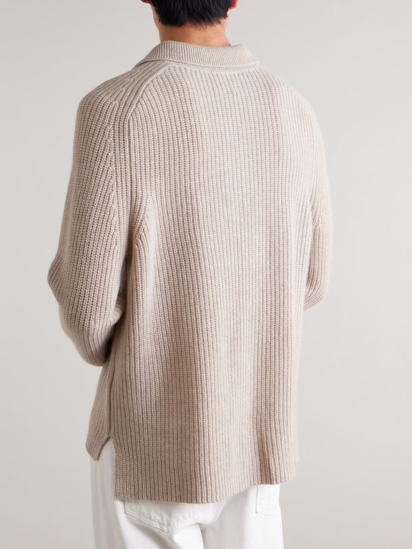 Ribbed Virgin Wool and Cashmere-Blend Polo Sweater - BK Ribbed Virgin Wool and Cashmere-Blend Polo Sweater - BK