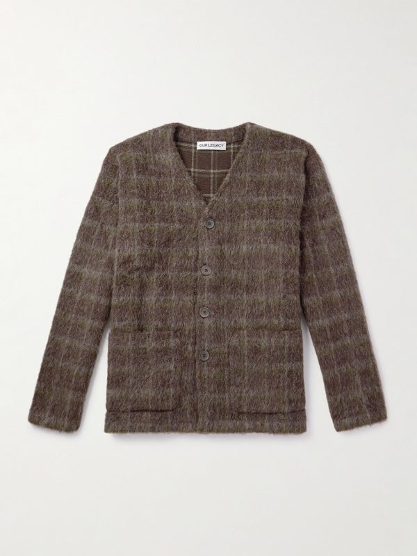 Checked Brushed-Knit Cardigan