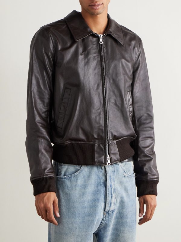 Pharos Wool-Blend Trimmed Leather Bomber Jacket - E1 Pharos Wool-Blend Trimmed Leather Bomber Jacket - E1