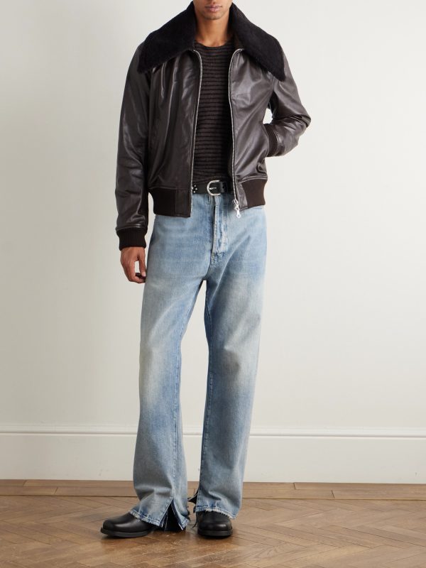 Pharos Wool-Blend Trimmed Leather Bomber Jacket - OU Pharos Wool-Blend Trimmed Leather Bomber Jacket - OU