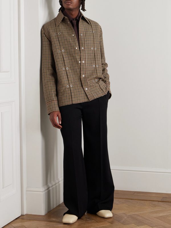 Embellished Checked Wool and Linen-Blend Shirt - OU Embellished Checked Wool and Linen-Blend Shirt - OU