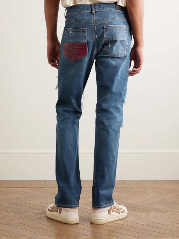Thrasher Slim-Fit Distressed Croc-Effect Leather-Trimmed Panelled Jeans - BK Thrasher Slim-Fit Distressed Croc-Effect Leather-Trimmed Panelled Jeans - BK
