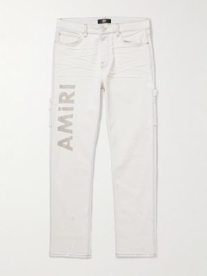 Slim-Fit Straight-Leg Logo-Print Paint-Splattered Jeans
