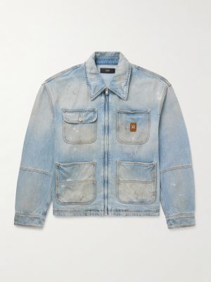 Logo-Appliquéd Distressed Denim Jacket