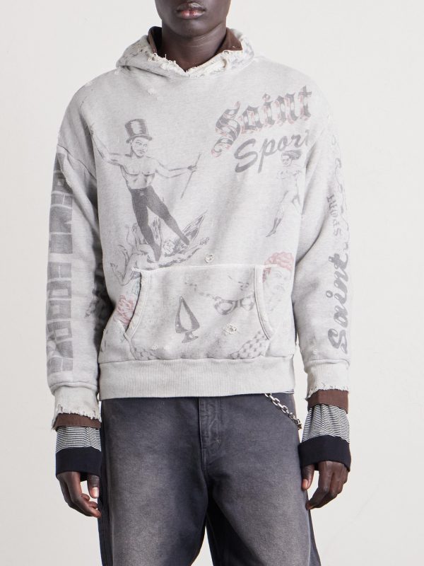 Printed Distressed Cotton-Jersey Hoodie - FR