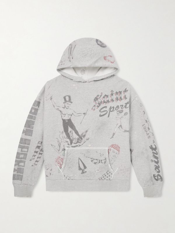 Printed Distressed Cotton-Jersey Hoodie