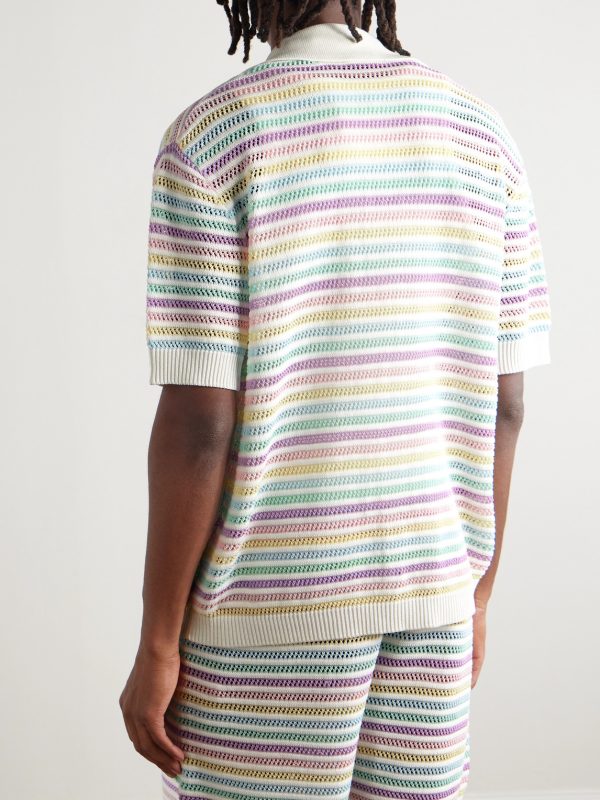 Flower Camp-Collar Striped Crocheted Cotton Shirt - BK Flower Camp-Collar Striped Crocheted Cotton Shirt - BK
