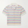 Flower Camp-Collar Striped Crocheted Cotton Shirt Flower Camp-Collar Striped Crocheted Cotton Shirt