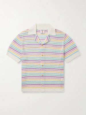 Flower Camp-Collar Striped Crocheted Cotton Shirt