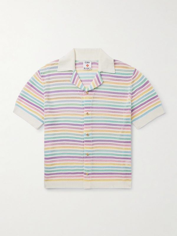 Flower Camp-Collar Striped Crocheted Cotton Shirt Flower Camp-Collar Striped Crocheted Cotton Shirt